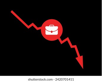 Diagrama rojo bajando y maletín. Empeoramiento, disminución, deterioro y disminución de la tasa de desempleo. Empleo, trabajo, ocupación y estadísticas negativas. Ilustración vectorial.