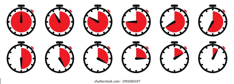 Red dial Clock set with stopwatch to stop time. Time zones set. silhouette flat icon, simple vector design with shadow. Stopwatch drawing. To view the device, time and time limit. Symbol of speed.