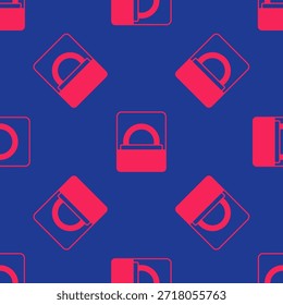 Anillo de compromiso de diamante rojo en un icono de caja aislado sin patrón sobre fondo azul.  Vector