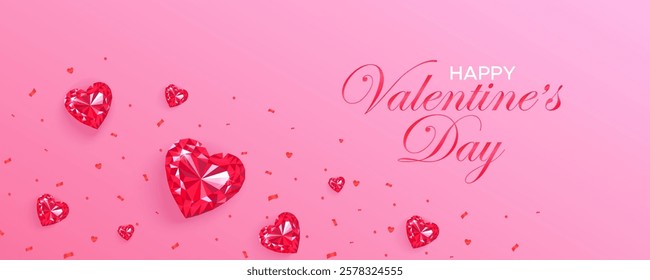 Red diamond hearts on a pink background. Greeting banner for Valentine's Day.