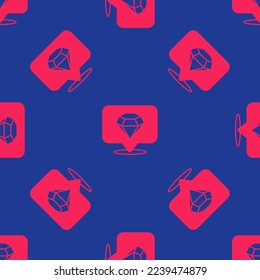 Icono de Diamante Rojo aislado patrón sin fisuras en fondo azul. Símbolo de joyería. Gem stone.  Vector