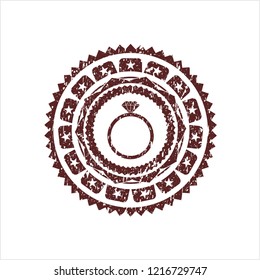 Red diamond ring icon inside distressed rubber stamp with grunge texture