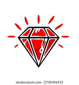 Red diamond stone with shine effects, vector icon