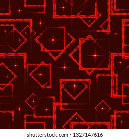 Red diamonds and squares in the intersection with orange stars on a burgundy background. Bright abstract pattern of geometric carved and fancy shapes.