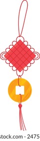 Red diamondshaped knot ornamental decoration, Chinese knot ornament, gold coin red tassel good charm, vector graphic isolated white background. Perfect Chinese New Year celebration
