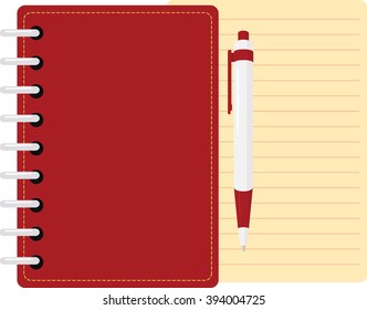 red diary  personal organizer with pen and sheet of paper