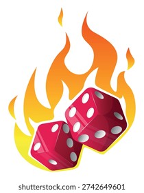 Red dice against background of flames. Burning cubes. Falling craps in fire. Gamble and risky board games. Hot gambling. Vegas casino jackpot. Blazing bets. Heat toy. Bones ignition. Vector concept