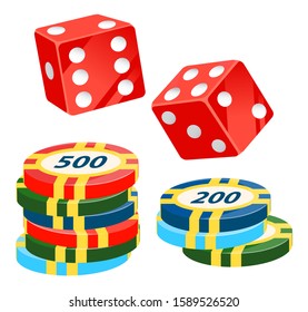 Red dice with amount of dots standing by numbers vector, isolated cube and chips. Value and nominal on circular element playing set poker flat style