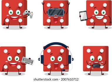 Red dice cartoon character are playing games with various cute emoticons. Vector illustration