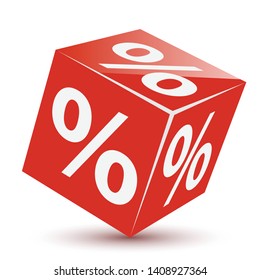 Red dice cube percentage on white background, concept discounts on sales. Vector illustration.
