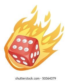 red dice falls, enveloped in flames
