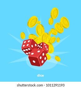 red dice and a lot of money on a blue background, isometric image