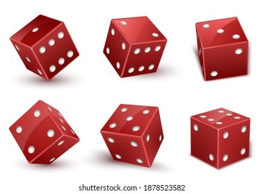 Red dice with number of dots from one to six at the top realistic set. Cubes, throwable objects for tabletop, board, role-playing games. Vector dice illustration isolated on white background.