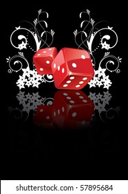 Red Dice on Black Background with Floral Decoration. Vector Illustration.