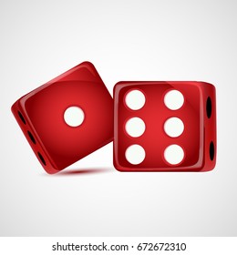 Red dice on white background. Dots, two, one, six, black. Vector illustration.
