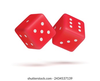 Red dice with random numbers of white dots 3D rendered. Gambling objects to play craps and poker, casino, tabletop or board games realistic three dimensional vector illustration