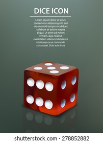 Red dice realistic icon on green background, vector eps10 illustration