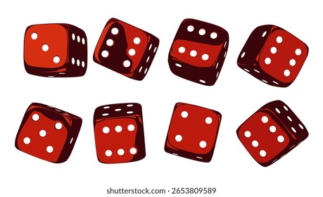 Red dice set on isolated background. Random rolling dice cubes. Glossy roll cubes for gamble games. 3d rendering
