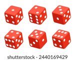 Red dice with white dots. Vector set isolated on white background. 3d dice.