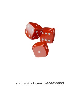Red dice with white dots. Vector illustration of three 3D dice icons with smooth edges and reflections, showing various numbers. Ideal for gaming, casino, and luck-themed designs