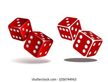 Red dice with white pips. Two red falling dice isolated on white. Casino gambling template concept. Vector illustration