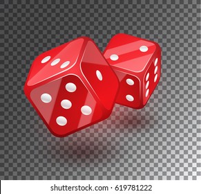 Red dices on transparent background. A decorative element for a casino.