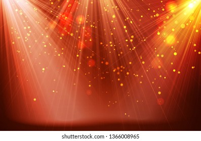 Red different lights. Blur rays with spotlights for magic shiny background. Vector.