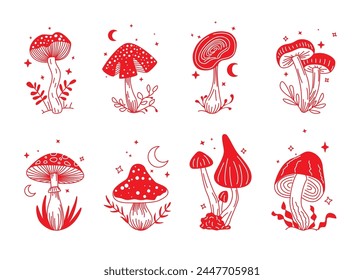 Iconos de setas mágicas diferentes rojos establecidos estilo Esotérico o Boho. Ilustración vectorial de Amanita Muscaria con Moon