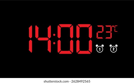 Red Digital Alarm Clock Display Showing 2 PM and Temperature, Isolated on Black Background, Emphasizing Time Management and Punctuality in Modern Lifestyle