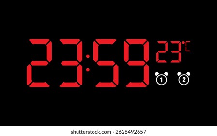 Relógio Despertador Digital Vermelho Exibindo 23:59 e Temperatura, Ideal para Gerenciamento de Tempo e Conceitos de Tecnologia com Fundo Preto, Design Minimalista e Legibilidade Clara