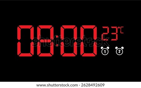 Red Digital Alarm Clock Displaying Exact Time 08:00 and Temperature of 23 Degrees Celsius with Two Alarm Symbols Set Against a Clean Black Backdrop