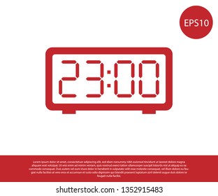 Red Digital alarm clock icon isolated on white background. Electronic watch alarm clock. Time icon. Vector Illustration
