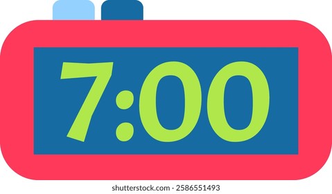 Red digital alarm clock showing seven o clock on blue screen with two buttons on top, simple and minimalist design for concepts related to time management, sleep habits and daily routine