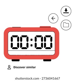 Red digital alarm clock showing zero hours and zero minutes icon
