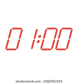 Red digital clock closeup interface displaying 01:00. Flat design