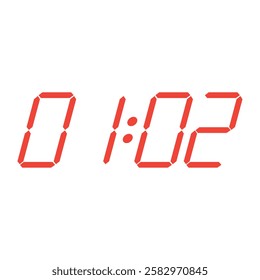 Red digital clock closeup interface displaying 01:02.  Isolated flat illustration