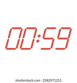 Red digital clock closeup interface displaying 00:59.  Vector illustration