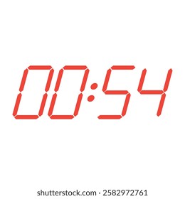 Red digital clock closeup interface displaying 00:54.  Isolated vector illustration