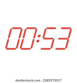 Red digital clock closeup interface displaying 00:53.  Isolated vector illustration