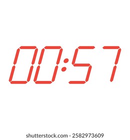 Red digital clock closeup interface displaying 00:57.  Isolated vector illustration