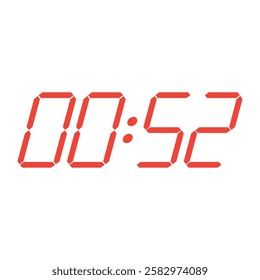 Red digital clock closeup interface displaying 00:52.  Isolated vector illustration