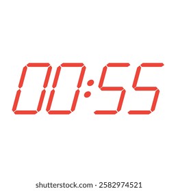 Red digital clock closeup interface displaying 00:55  Isolated vector illustration