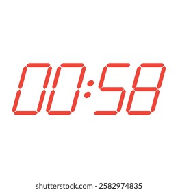 Red digital clock closeup interface displaying 00:58.  Isolated vector illustration