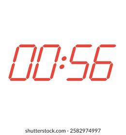 Red digital clock closeup interface displaying 00:56.  Isolated vector illustration