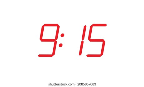 Red digital clock closeup template  displaying 9:15 vector eps 10