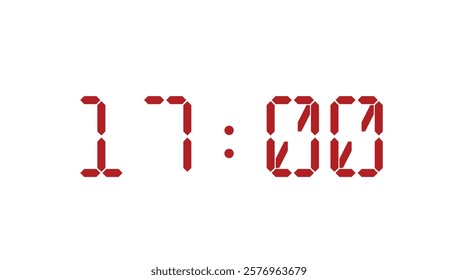 Red digital clock closeup template displaying 17:00. Vector illustration