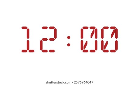 Red digital clock closeup template displaying 12:00. Vector illustration