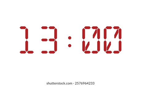 Red digital clock closeup template displaying 13:00. Vector illustration