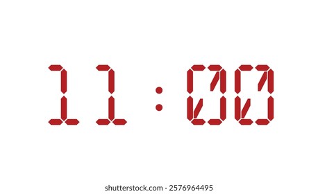 Red digital clock closeup template displaying 11:00. Vector illustration