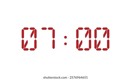 Red digital clock closeup template displaying 07:00. Vector illustration